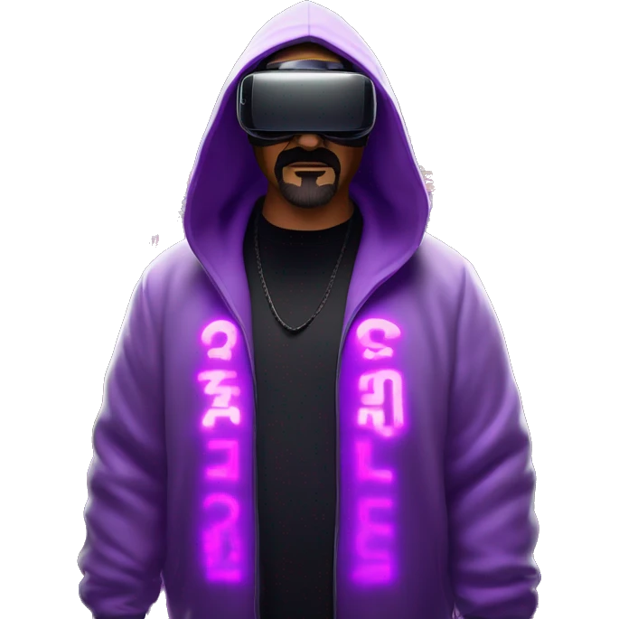 Big Lebowski wearing a black hoodie with "OMG" letters on it and VR headset oculus quest 2 in a cyberpunk VR environment with violet neon lighting. emoji