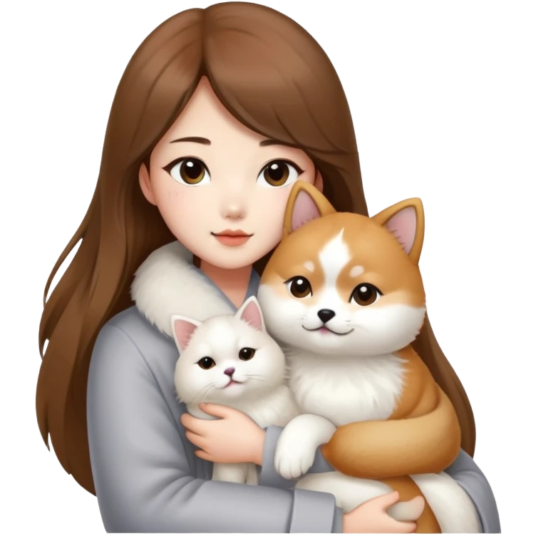 A Chinese fashion girl with brown hair, wearing a light gray fur coat, hugging a Shiba Inu and a long-haired white Persian cat. emoji