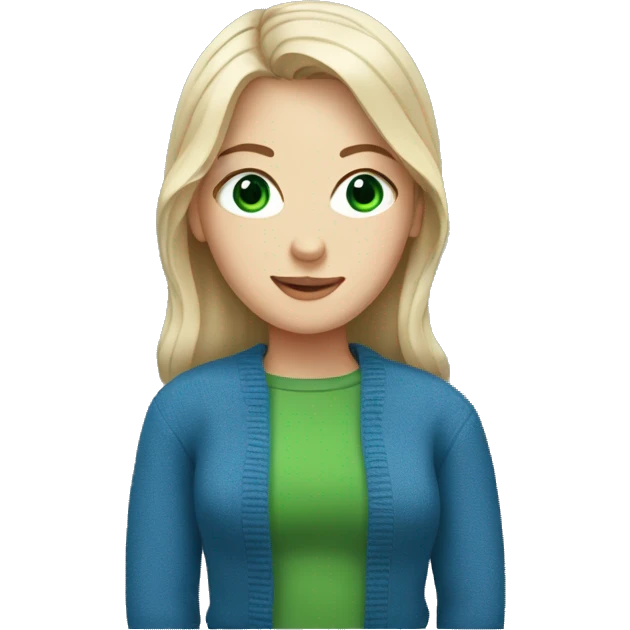 Pretty white girl with blue sweater with green eyes emoji