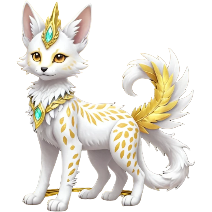 Epic complex fantasy glorious detailed futuristic divine godly angelic feathery sunny, white, albino, pastel, golden, orange glowing sparkly, realistic Fakémon-Sprigatito-Floragato-Meowscarada-Trico-Sergal-Serval-Solgaleo-Vernid-creature (full body) solarpunk, shiny sparkly with a gold laurel emoji