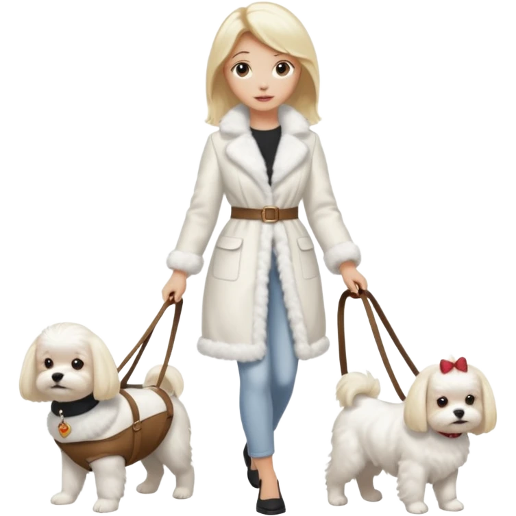 blonde woman wearing white walking only one maltese dog emoji