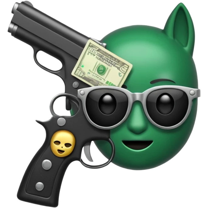 Un emoji con una mascara negra con una pistola pequeña en la mano y que en la otra mano tenga una paca de billetes emoji