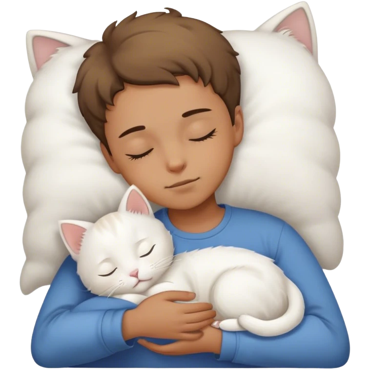 Boy very little brown, baldo hair sleeping with white kitty emoji