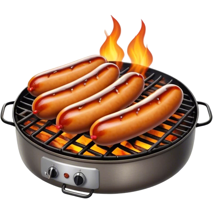 Cinematic Realistic Sausage Sizzle Dish Emoji, featuring sizzling sausages cooking over an open flame rendered with dynamic textures and warm, smoky lighting. emoji