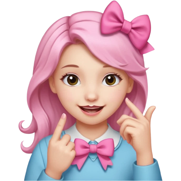 Chica sonriendo con un lazo rosa en la cabeza y mordiendose la punta del dedo indice con delicadeza y la otra mano que no salga emoji