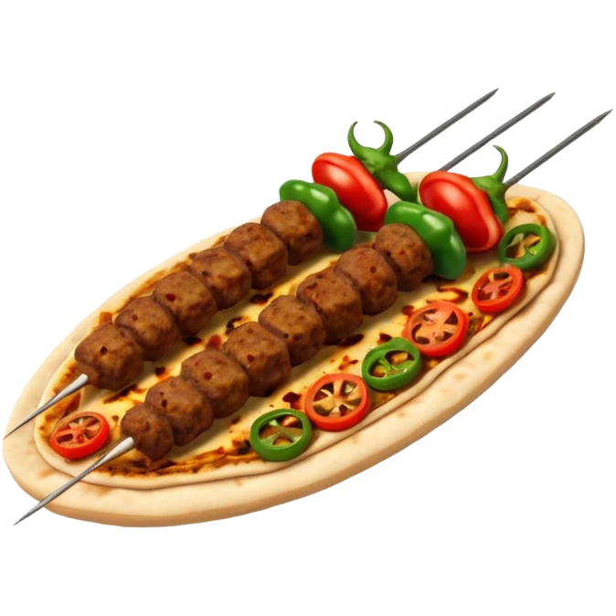 Adana kebab object icon, spicy grilled minced meat skewer, served on flatbread, grilled tomatoes and green peppers on the side, smoky char marks, juicy texture, 3D cartoon, mobile game icon style, centered, clean background, no text, no watermark
 emoji