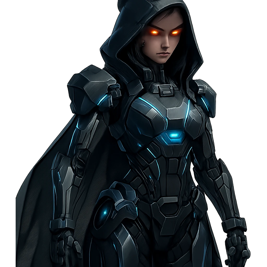 villainess, futuristic style, technological armor, glowing eyes emoji