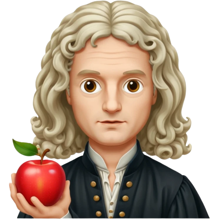 Isaac Newton wearing 17th-century aristocratic attire with long curled periwig, hold an apple emoji