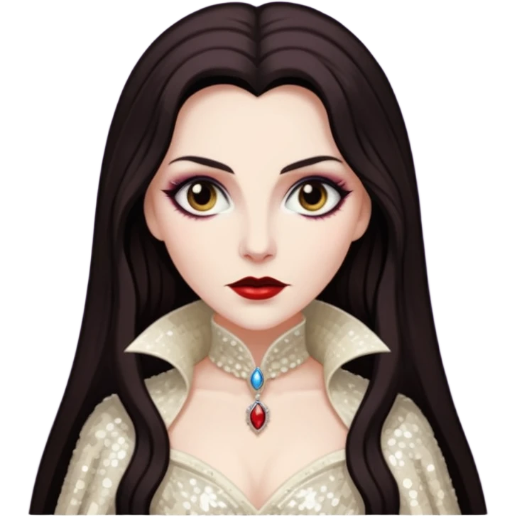 Countess Dracula with long dark brown hair, ivory sequin outfit  emoji