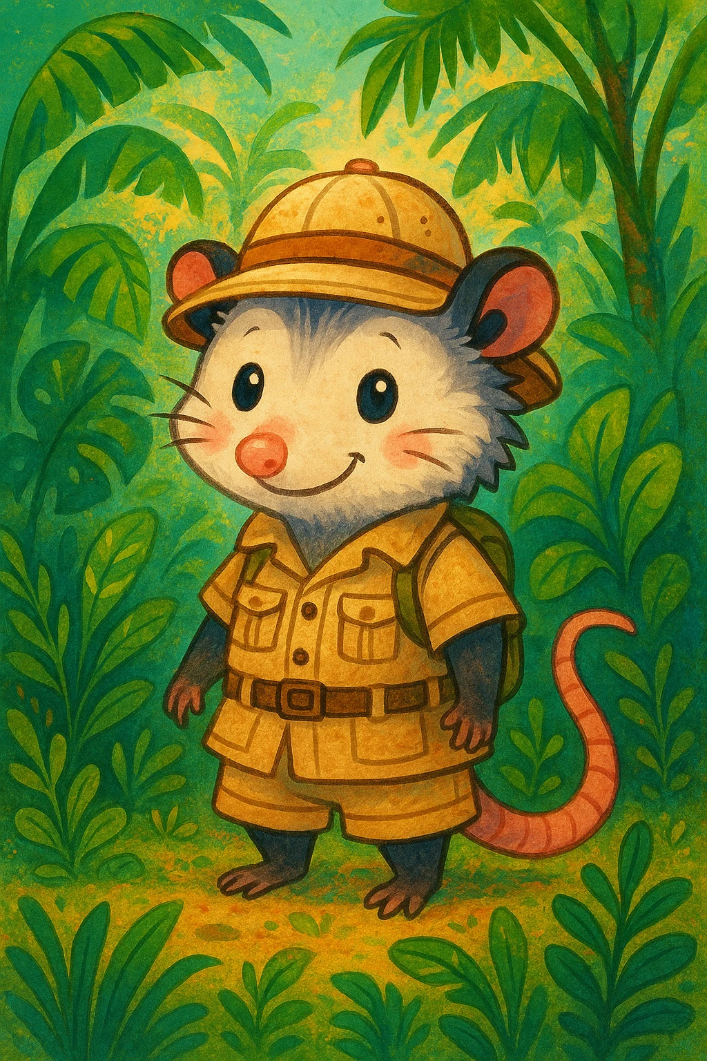 cute cartoon possum dressed up for a safari in the jungle, in a distinct artistic style emoji