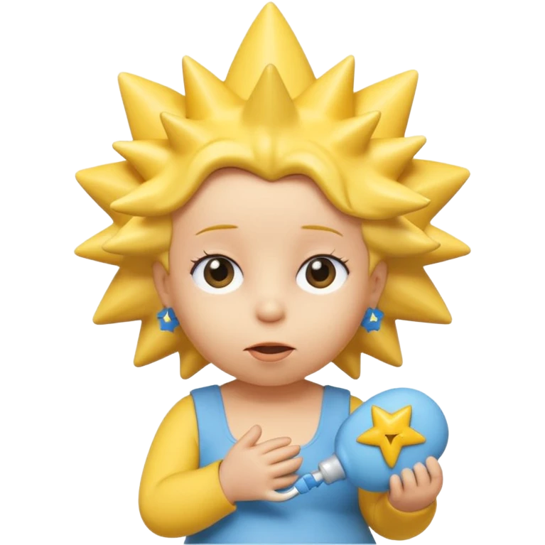 A 3D cartoon close-up of Maggie Simpson, baby from The Simpsons, rendered in Memoji-style with smooth yellow skin, spiky star-shaped hair, blue pacifier, and simple shading. Bright studio lighting, cinematic close-up framing consistent with Bart, Marge, Homer, and Lisa. emoji