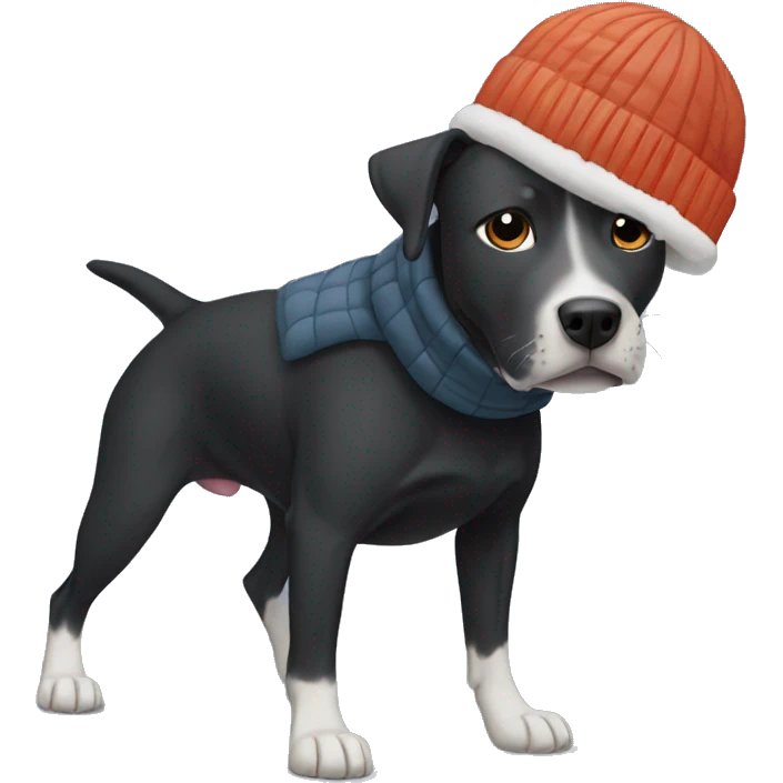 black pitbull lab mix in winter wearing a puffer coat and beanie emoji