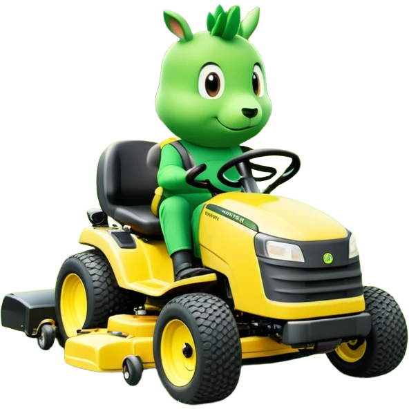 Lawn mowing mascot named grassy gus a green guy (not a human) on a completely yellow zero-turn ride on mower emoji
