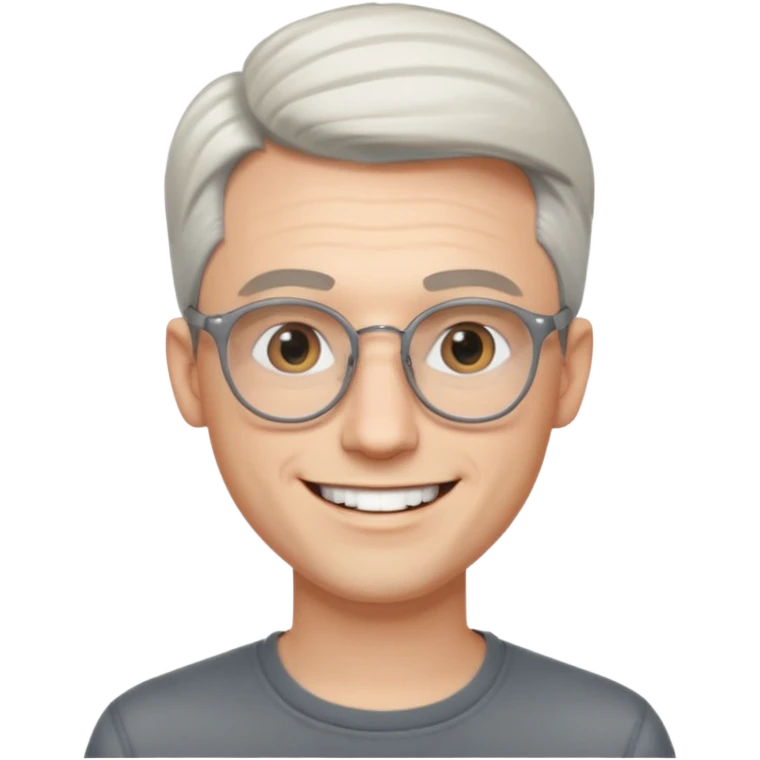 30 yr old pale white man, white/grey side swept stylish hair, round glasses, big smile, white teeth, handsome, longer hair, thin glasses,  smooth forehead, open collar, trendy emoji