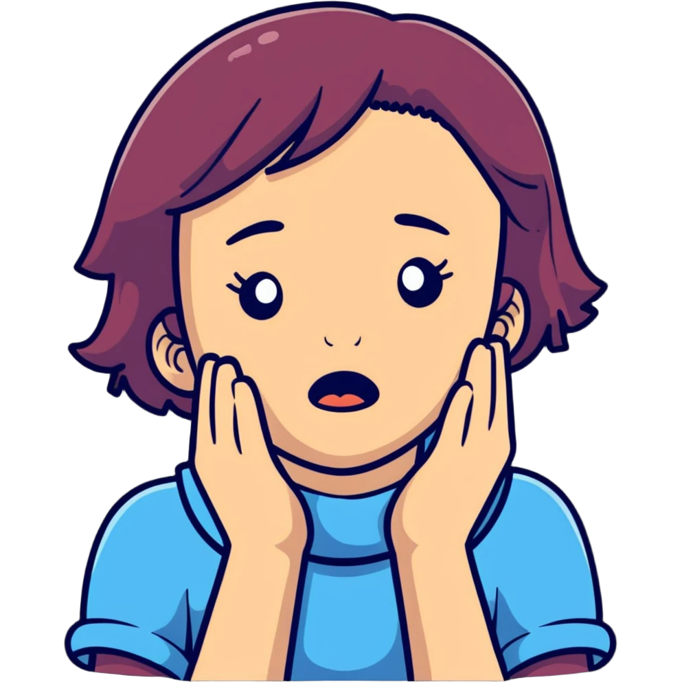 cartoon style girl showing emotional distress, hands at her throat, exaggerated facial features emoji