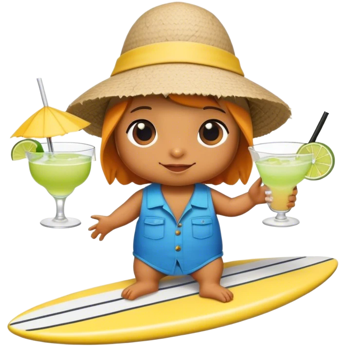 cute fish with bucket hat and margarita on a surf board emoji