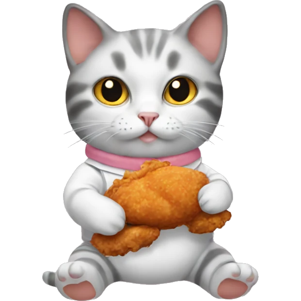 cat wearing baby clothes holding a piece of fried chicken  emoji