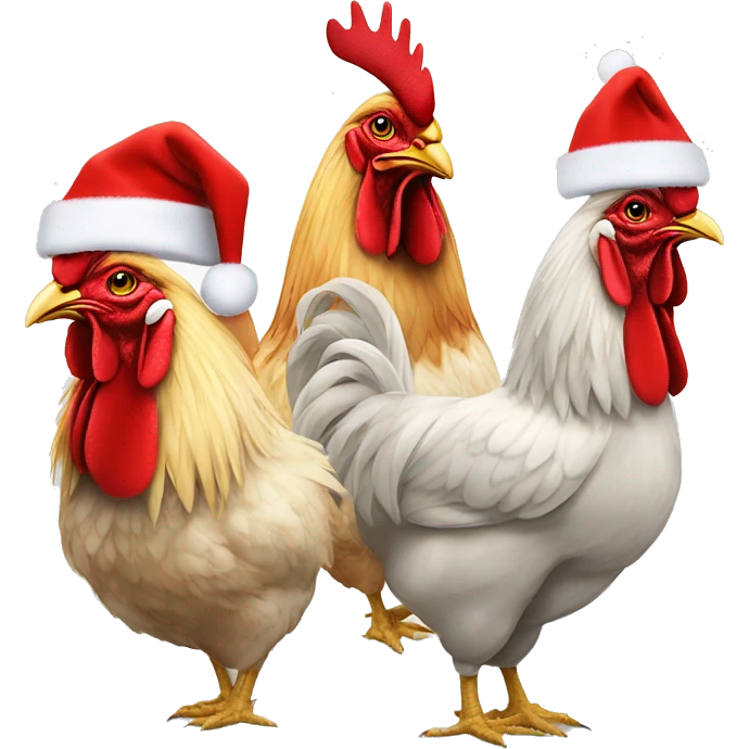 One rooster and two hens wearing Santa hats. emoji