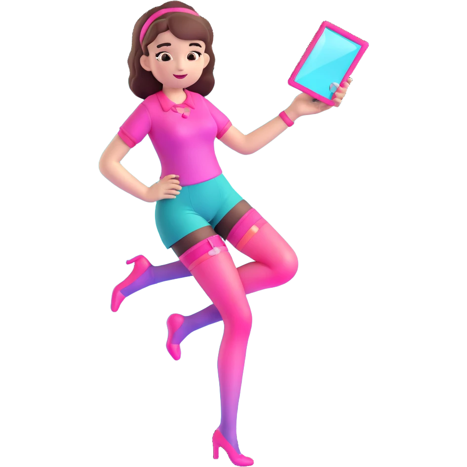 Cute girl character in stockings adjusting fashion accessory, pink gradient from bright pink to light pink, transparent glass style with highlights emoji