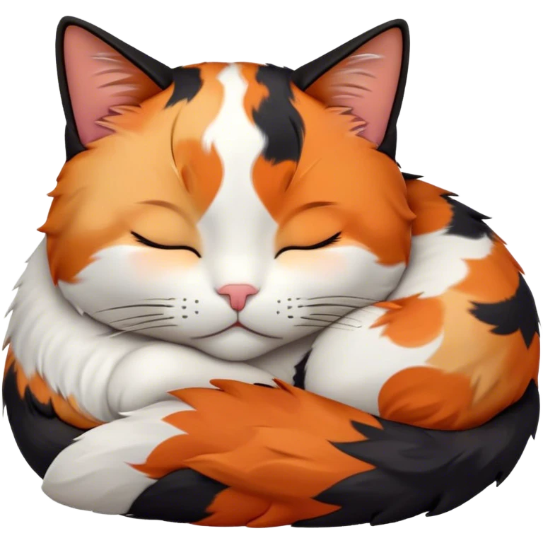 Meme-Worthy Cute Sleeping Calico Cat Portrait Emoji, Head resting peacefully with a content, gentle smile and softly closed eyes, featuring a delicate patchwork fur in vibrant orange, black, and white hues, simplified yet irresistibly endearing, highly detailed, glowing with a soft, drowsy radiance, high shine, exuding relaxed and utterly lovable charm, styled with a gentle, soft glowing outline, capturing the essence of a sleeping calico cat that appears destined to become a viral icon of adorable rest! emoji