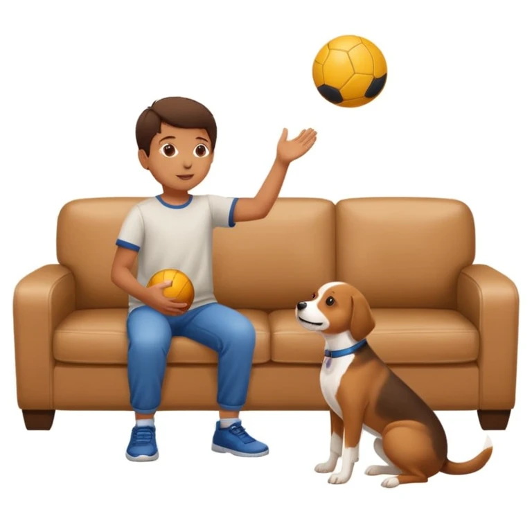 kid and dog playing with ball, living room background emoji