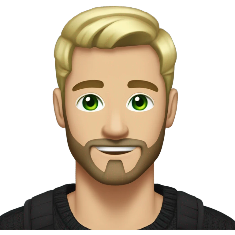 Muscular tall man with green eyes withour beard and mustache dirty blonde short straight hair brushed back, wearing a black sweater in a casual style, loves old-money aesthetic emoji