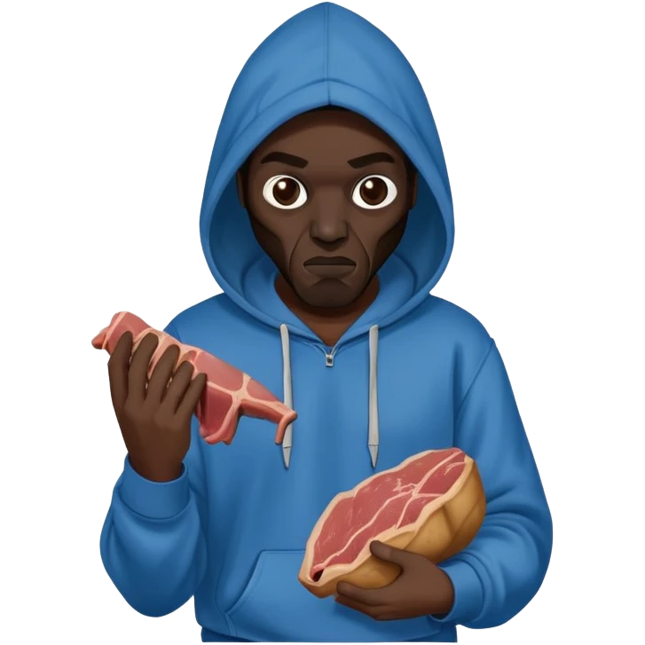 MF DOOM in a blue hoodie holding a piece of meat emoji