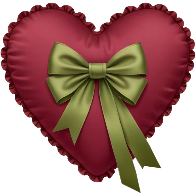 Burgundy heart shaped pillow with ruffles and olive color bow emoji