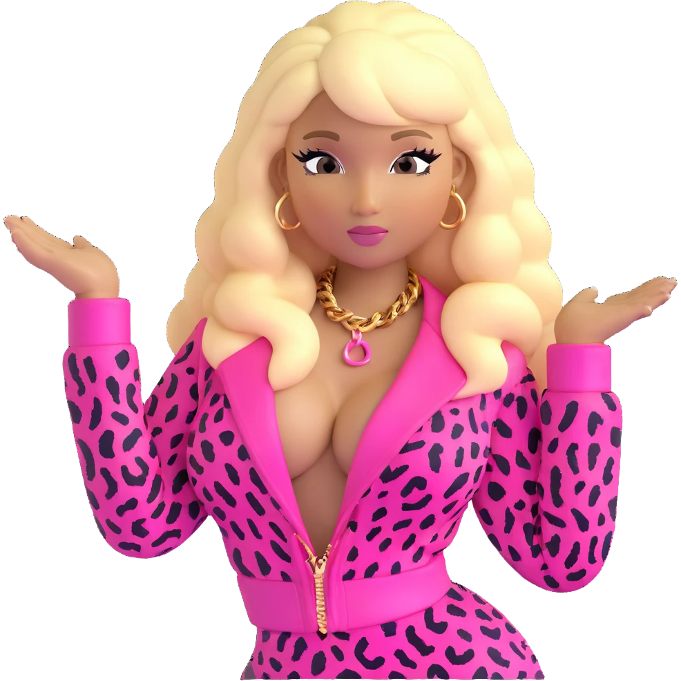 Nicki Minaj wearing a pink leopard print outfit with hair that is half blonde and half pink emoji
