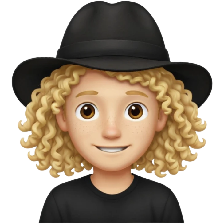blonde boy with long curly hair past his hears and a LA hat, smiling, wearing a black shirt with freckles emoji