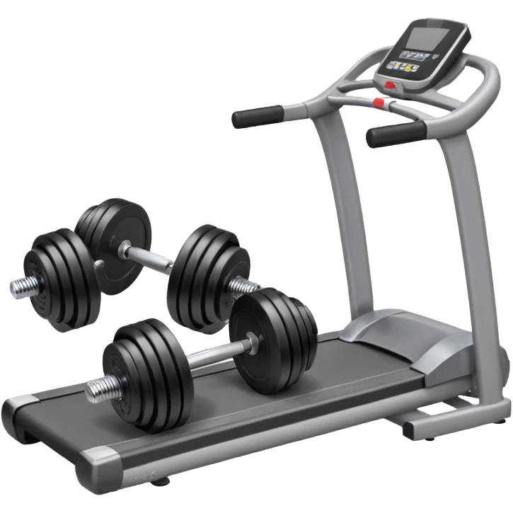 Two heavy dumbbells side by side on the floor in front of a treadmill emoji