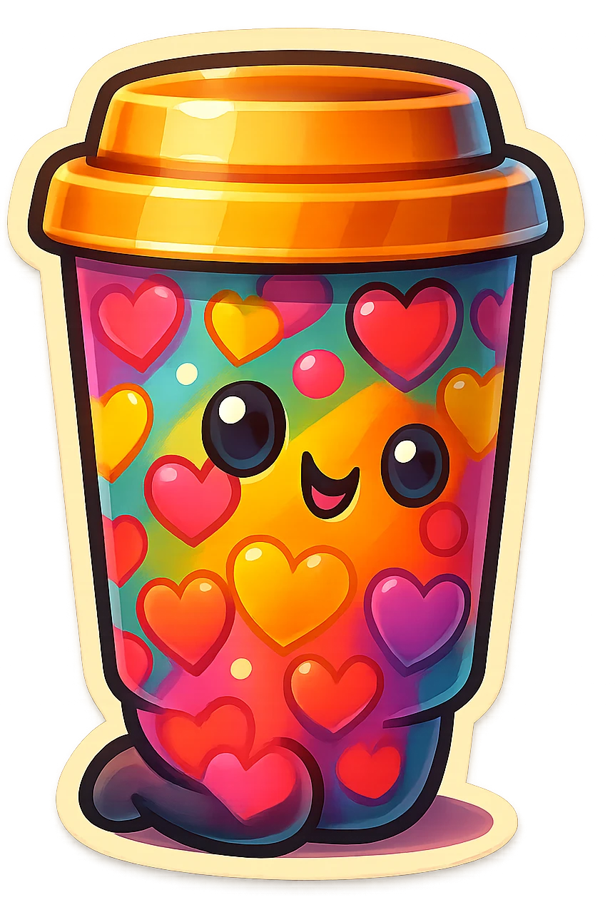 Tall coffee cup, bowing on knees, covered in hearts emoji