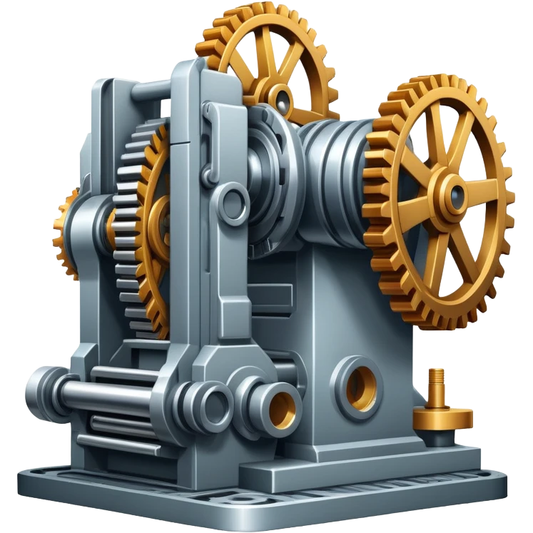 An icon featuring a giant machine tool in a factory workshop, symbolizing mechanical engineering. The design includes gears, levers, and mechanical components, representing the design and manufacturing of machinery. Transparent background highlights the precision emoji