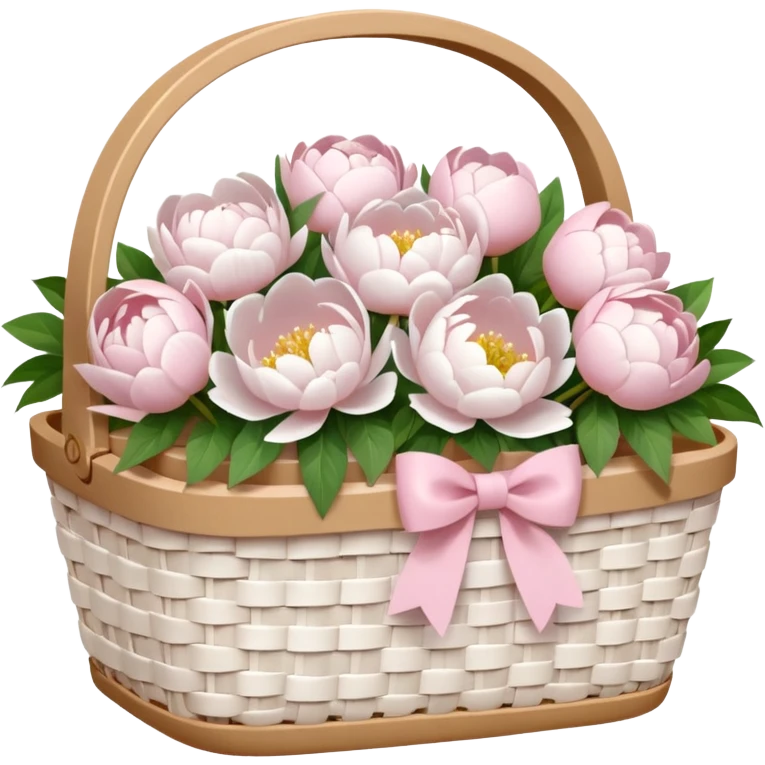White Picnic basket with light pink bow and white peonies inside emoji