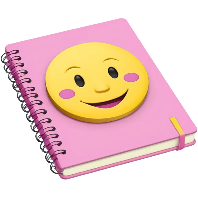 libreta de anillos rosada en perspectiva isometrica con sticker de carita feliz amarilla emoji