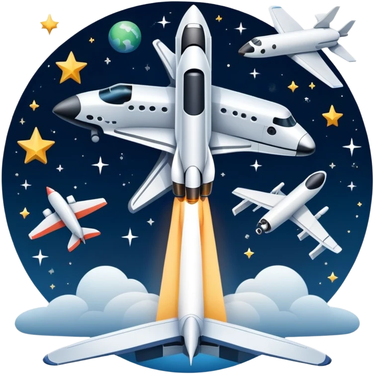 An icon featuring a space shuttle, a drone, and an airplane against a starry sky, symbolizing aerospace technology. The design includes rocket boosters and satellite orbits, representing the exploration of space and advanced aviation. Transparent background emoji