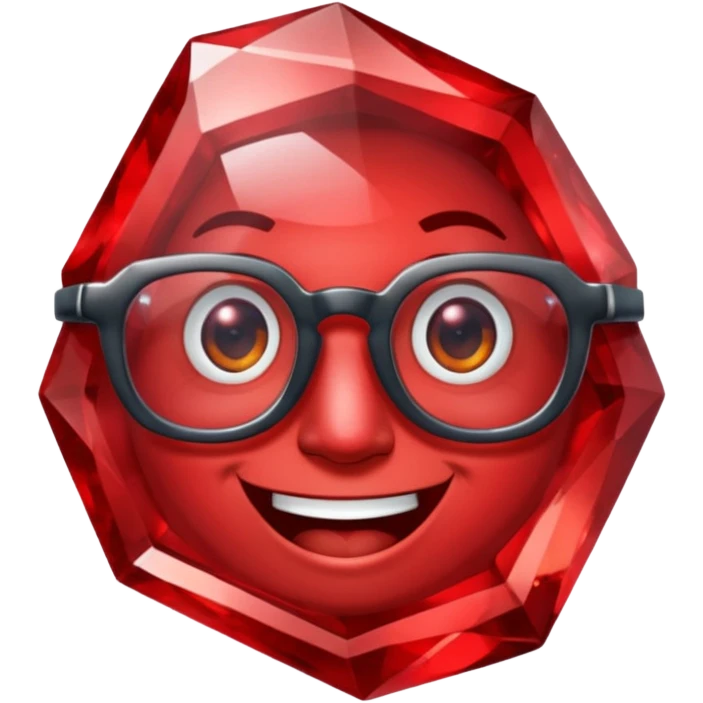 A single red crystal gemstone character wearing glasses, chunky and irregular with faceted very sharp sides, smile, , high detail, emoji