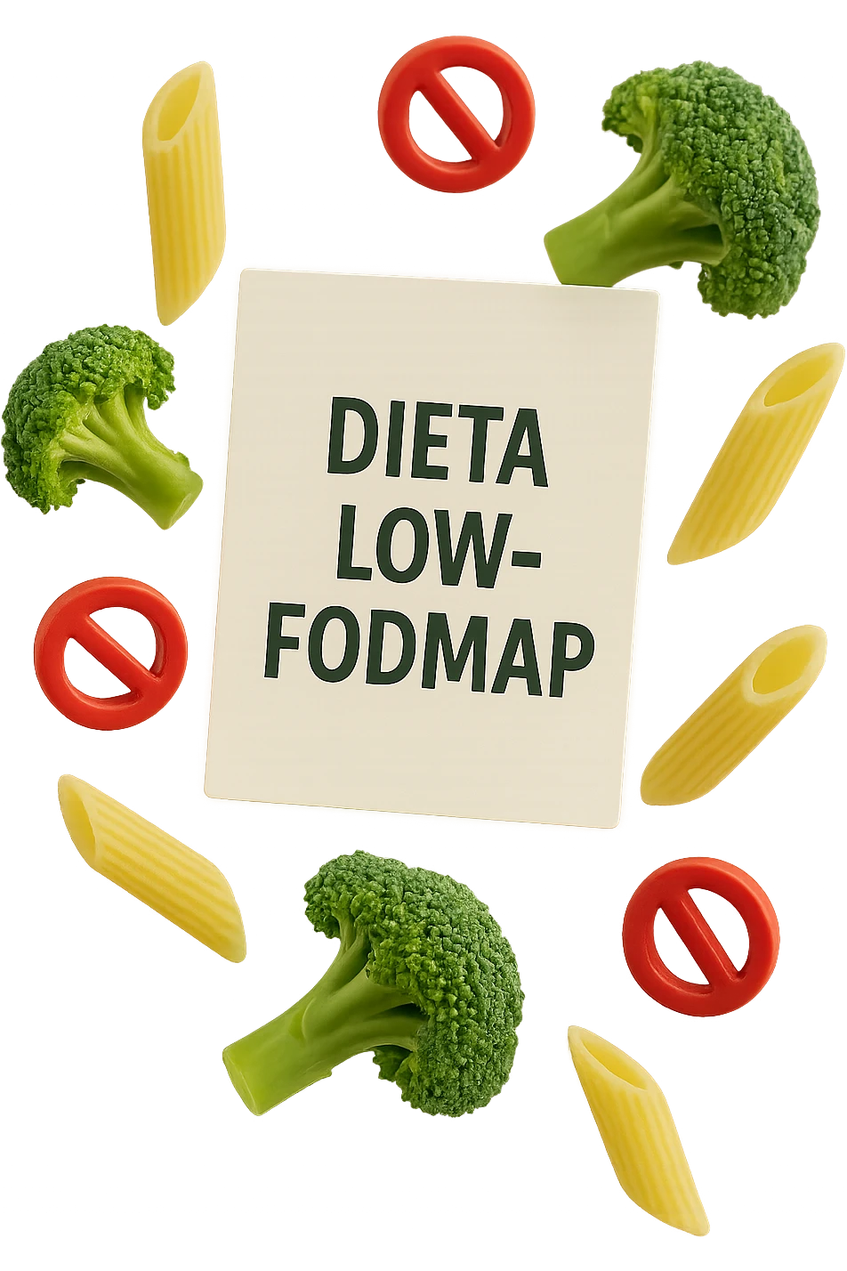 BROCCOLETTI E PENNE DI PASTA RIGATE FLUTTUANO IN ARIA insieme a piccoli divieti 3d, DAVANTI A LORO FLUTTUA UN FOGLIO CON LA SCRITTA "dieta low-fodmap" emoji