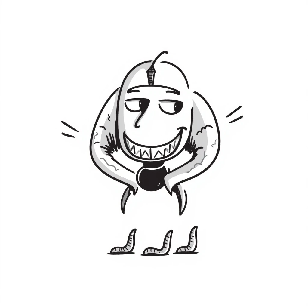 an AI with a wide, menacing grin, looking down at tiny human worms, conveying a sense of future domination and dark humor emoji