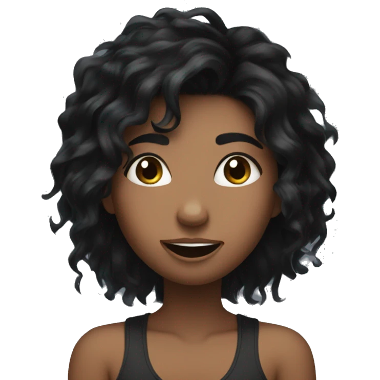 Girl blushing with Black messy hair emoji