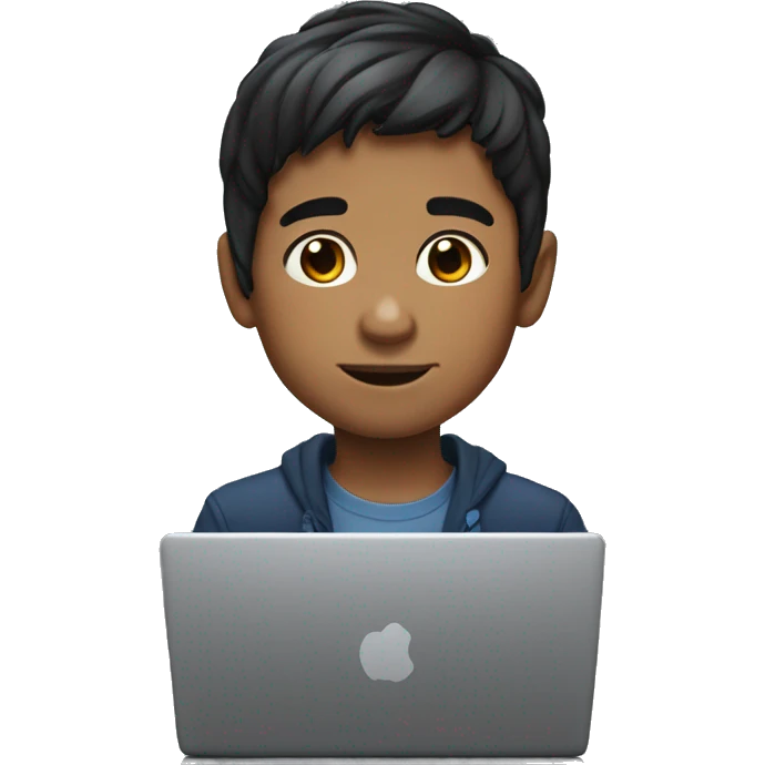 Draw a 10 year old boy with dark hair typing on a laptop, Memoji emoji