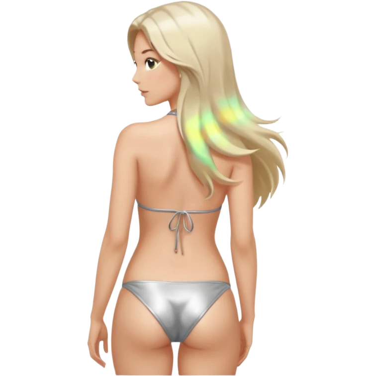 woman with light long hair in silvr bikini looking at the camera from back with sexy pose emoji