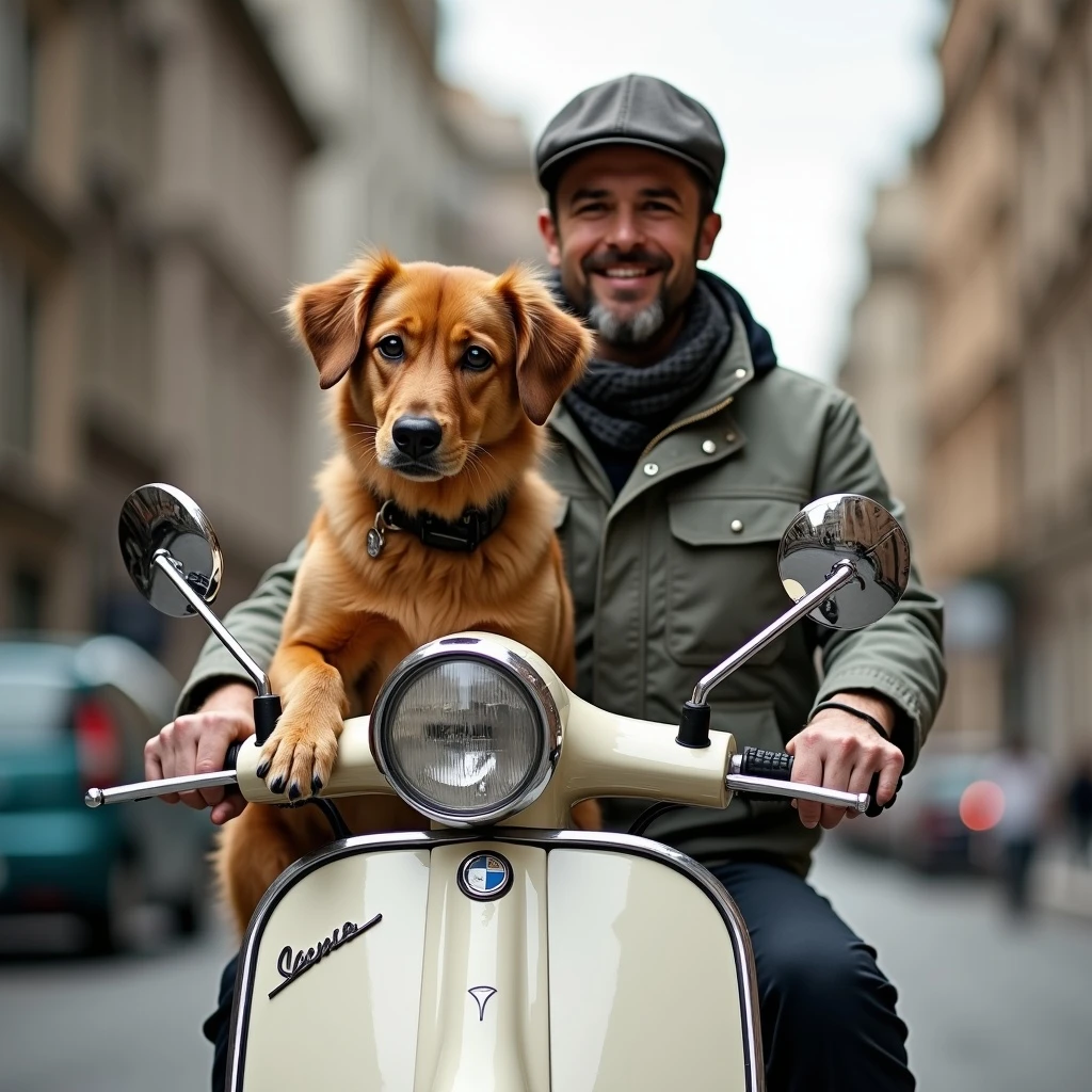 man and his pet dog riding a vespa emoji