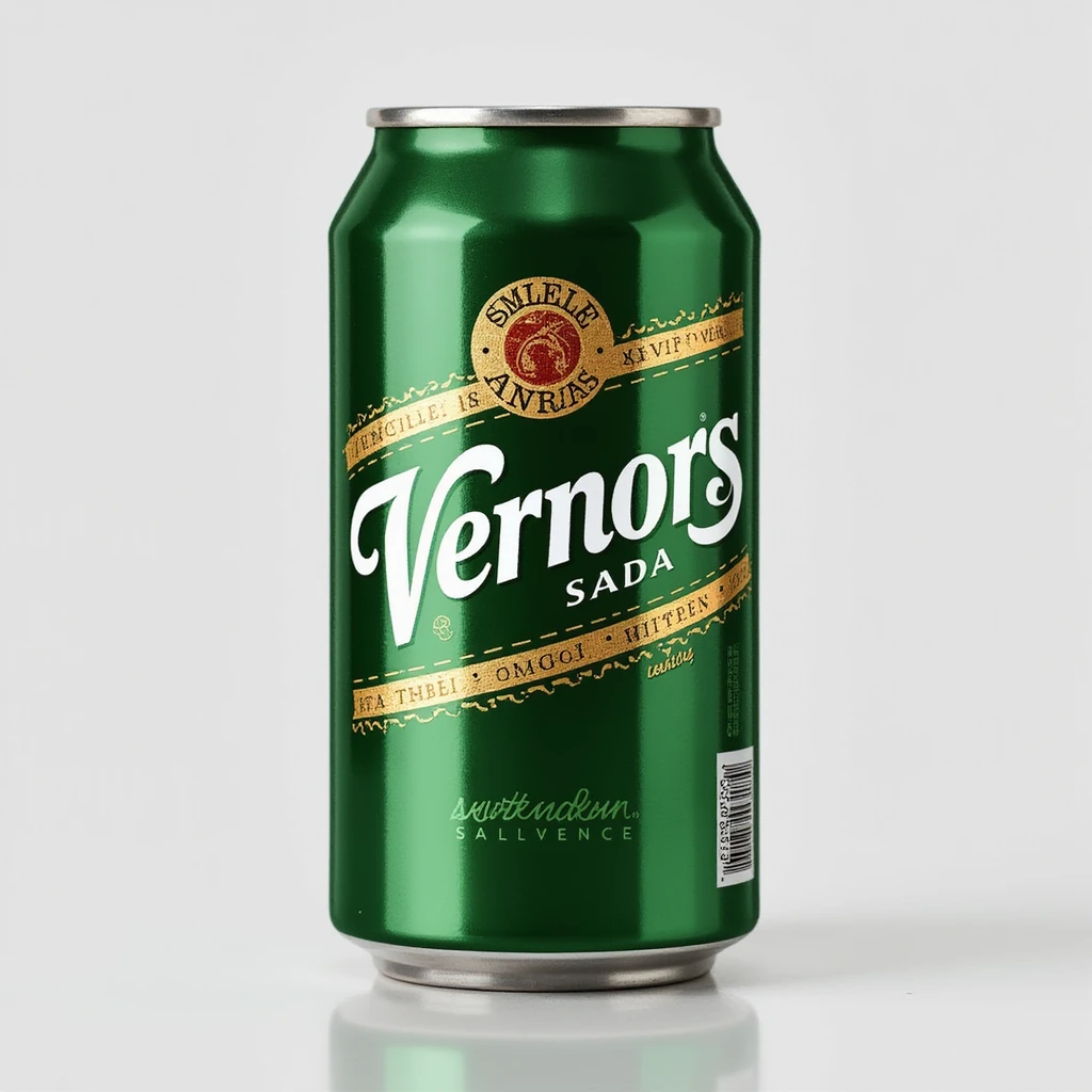 a soda can labeled 'Vernors', green and gold, classic branding, realistic details emoji