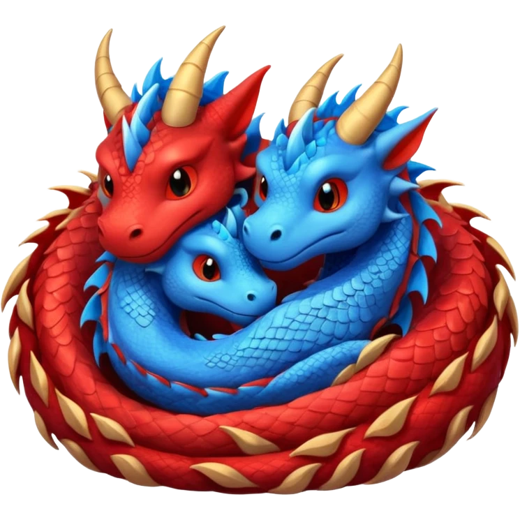 A pair of adorable red and blue dragons asleep in their den. emoji