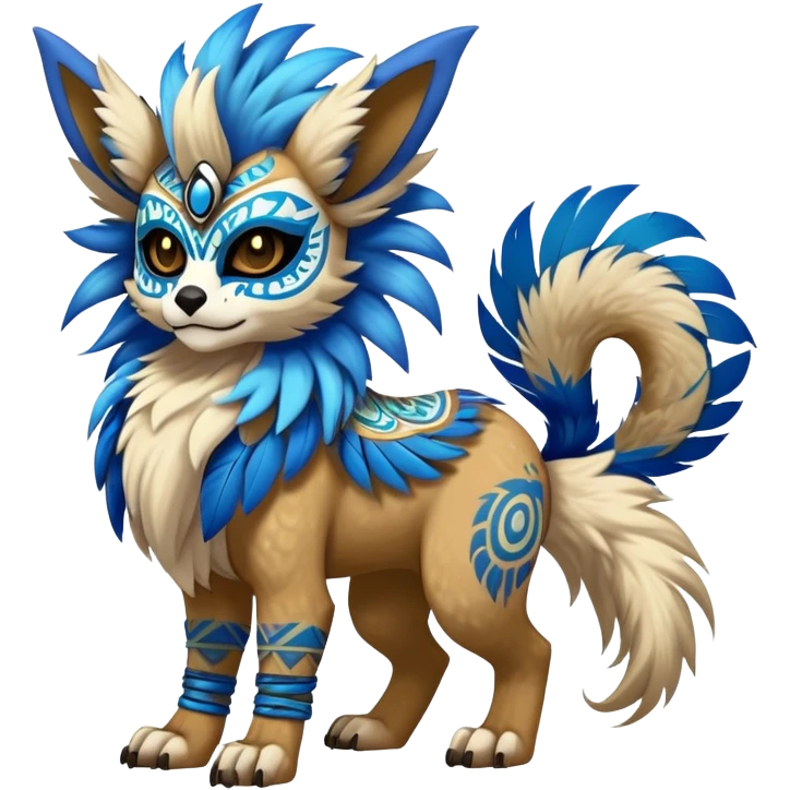 Furry cute colorful exotic tribal feral anime-styled Fakémon-Pokémon-animal-creature with a skull mask, and a feather-mane-collar, and blue feathers, with long furry ears, long furry tail, 4 legs, (full body), with intricate pattern-markings emoji