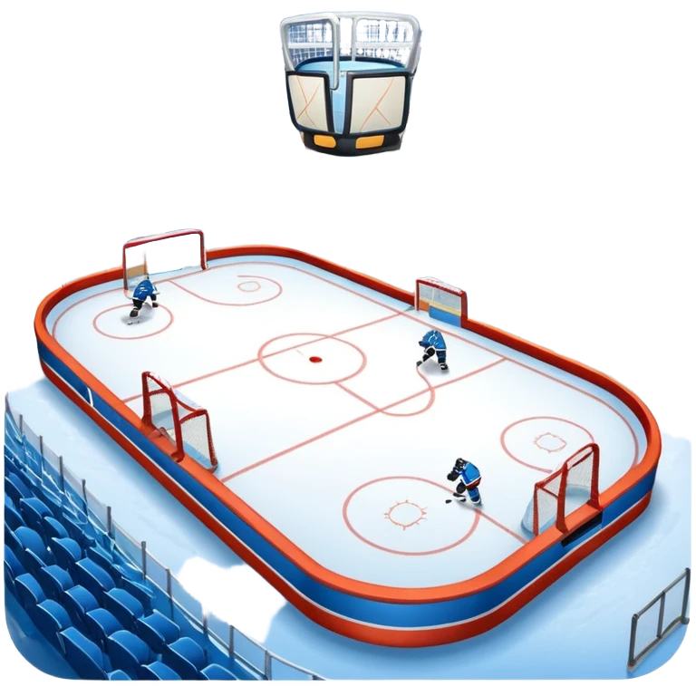 An icon showing a hockey stick, puck, skates, and goalposts on the ice. The background features a large hockey stadium with cheering fans, bright lights, and a snowy landscape visible through the arena. emoji