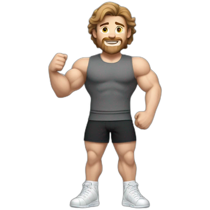 Close up Actively gesturing  with hands Pale skinned Fit Man With the biceps and brown hair in dark gray Sleeveless Mike, black oversize sports shorts, watch and white Sneakers emoji