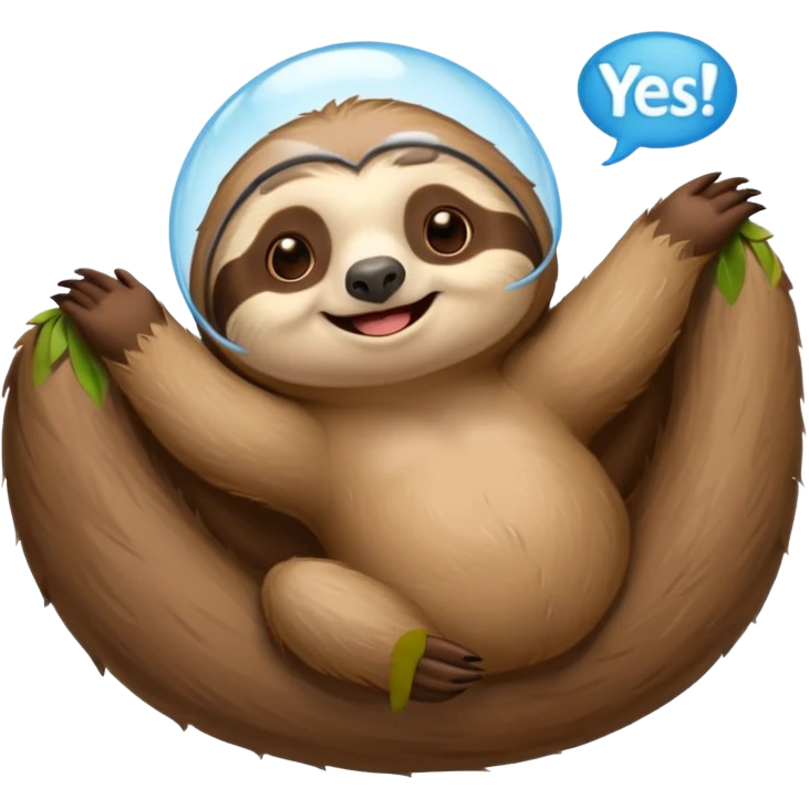 A laying down sloth saying yes in a talking bubble emoji