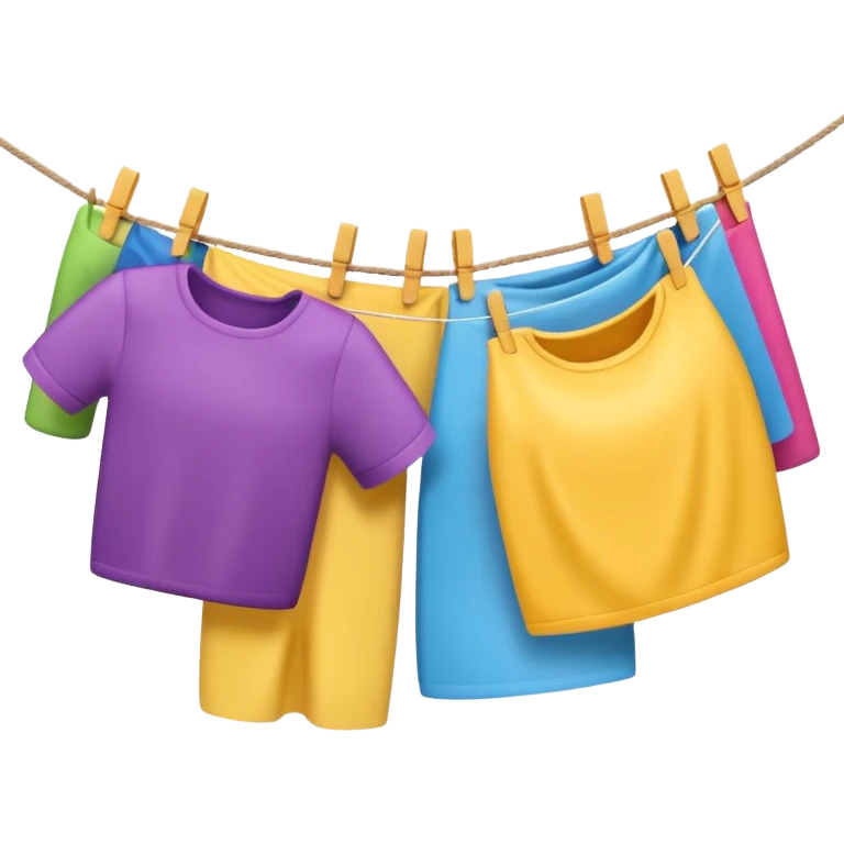 Apple-style 3D emoji showing two human hands hanging colorful clothes on a clothesline with clothespins, only hands, part of the rope, and laundry visible, bright cheerful atmosphere, clean white background, soft lighting



 emoji